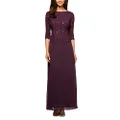 Alex Evenings Women's Petite Long Mock Dress with Lace and Illusion 3/4 Sleeves, Deep Plum, 8 Petite