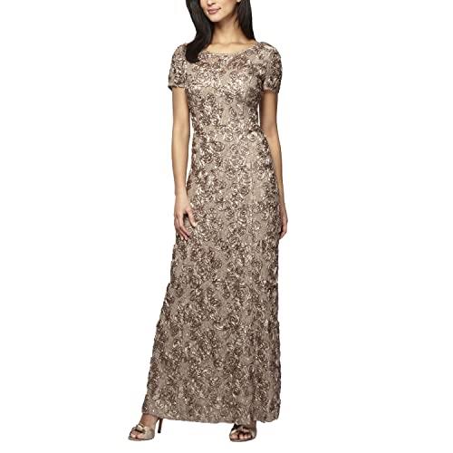Alex Evenings Women's Long A-Line Rosette Dress with Short Sleeves and Sequin Detail, Champagne, 18
