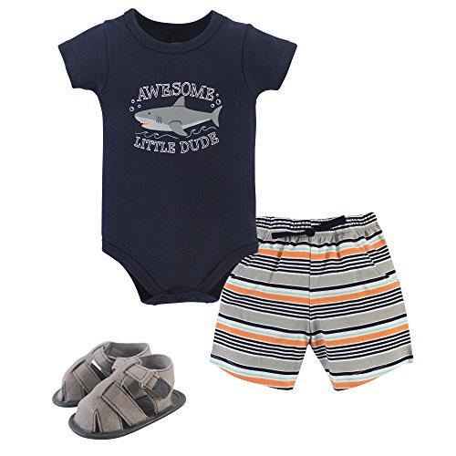 HUDSON BABY Unisex Baby Cotton Bodysuit, Shorts and Shoe Set, Shark, 6-9 Months
