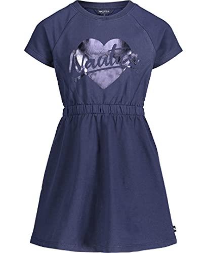 Nautica Girls' Short Sleeve Jersey Tee Dress with Elastic Cinched Waist, Fun Designs & Colors, Peacoat 02, 2 Years
