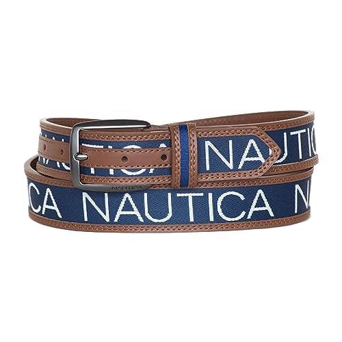 Nautica Men's Bold Fashion and Dress Leather Belt with Metal Buckle, Signature Logo - Navy