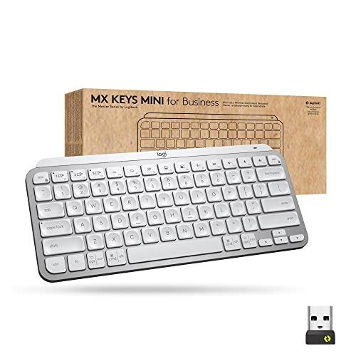 Logitech MX Keys Mini Wireless Illuminated Keyboard for Business, Compact, Logi Bolt USB Receiver, Backlit, Rechargeable, Windows, macOS, Linux, iOS, Android, Metal Build - Pale Grey