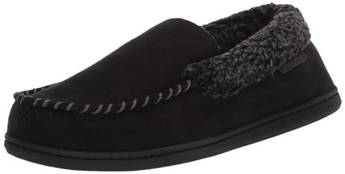 Dearfoams Men's Eli Microfiber Indoor/Outdoor with Whipstitch Detail Suede Moccasin Slipper, Black, X-Large Wide