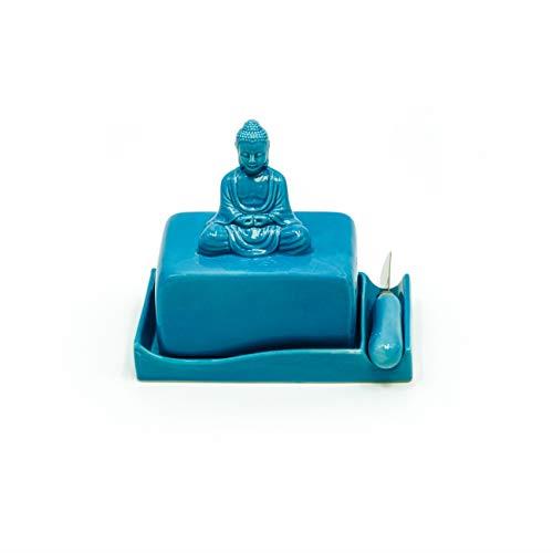 Trademark Innovations Buddha Ceramic Butter Dish Tray with Lid and Knife by (Blue)