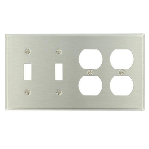 Leviton 84045-40 4-Gang 2-Toggle 2-Duplex Device Combination Wallplate, Device Mount, Stainless Steel