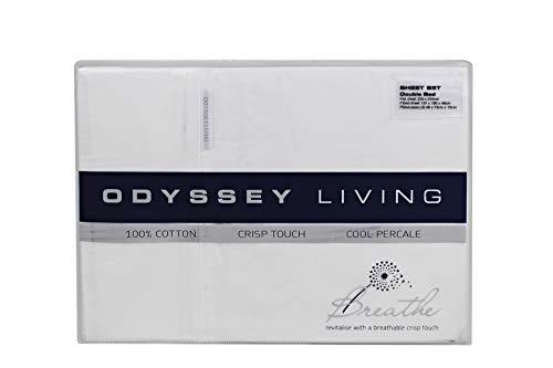 Odyssey Living White Snow 100% Cotton Sheet Set - Double, Double Flat: 225 x 254cm | Fitted: 137 x 193cm + 40cm | Pillowcases (2): 48 x 73 + 15cm