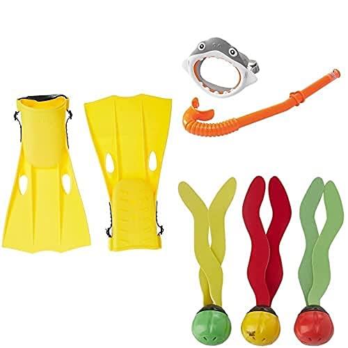 Intex Swim Fins, Medium, Yellow + Intex Shark Fun Set + INTEX Underwater Swimming/Diving Pool Toy Sinking Fun Balls (3 Pack)-Multi Color