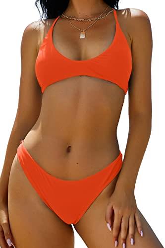 ZAFUL Women's Tie Back Padded High Cut Bralette Bikini Set Two Piece Swimsuit, 1-Pumpkin Orange, Large