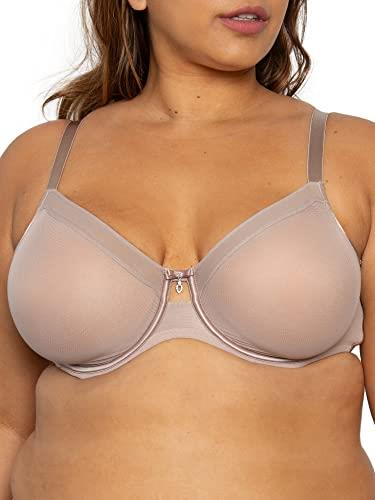 Curvy Couture Women's Sheer Mesh Full Coverage Unlined Underwire, Sexy Supportive Plus Size, See-Through Bras, Bark, 44DD