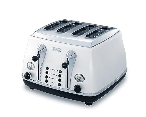 De'Longhi Icona Classic Toaster CTO4003.W, 4 Slot Toaster with Reheat and Defrost Functions, Separated Control Panels, 6 Browning Levels, Pull Crumbs Trays, Stainless Steel, 1800 W, Pearl White