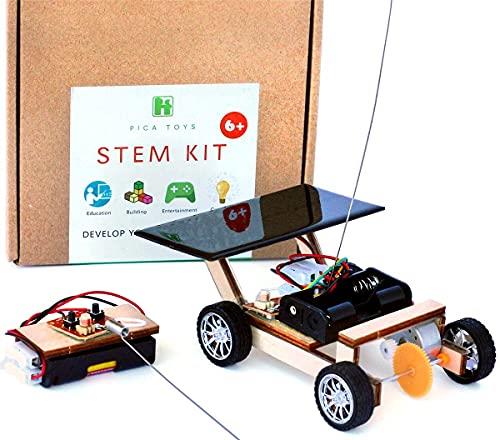 Pica Toys Wooden Solar and Wireless Remote Control Car Robotics Creative Engineering Circuit Science Stem Building Kit - Hybird Power for Electric Motor - DIY Experiment for Kids, Teens and Adults