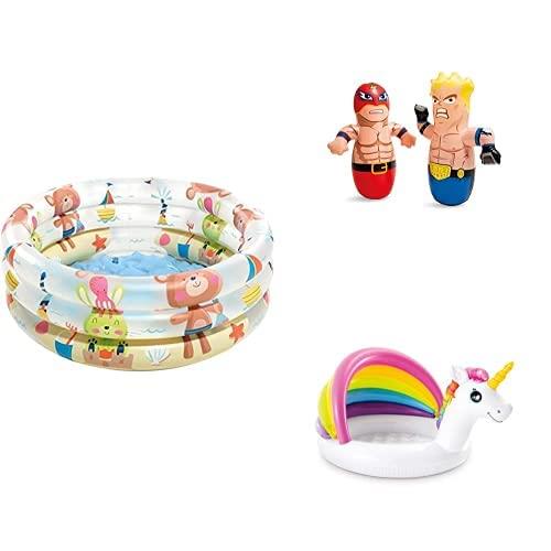 Intex Beach Buddies 3-Ring Baby Pool, Assorted + INTEX 3-D Bop Bags Multicolor + INTEX Unicorn Baby Pool, Green, Pink, Yellow