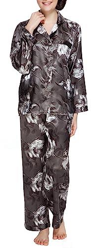 Sunrise Women's Long Sleeve Printed Satin Pajama Set (Large, Silver)