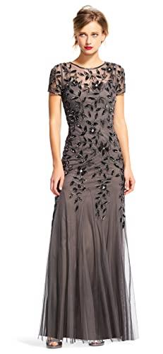 Adrianna Papell Women's Floral Beaded Godet Gown, Lead, XXL Plus