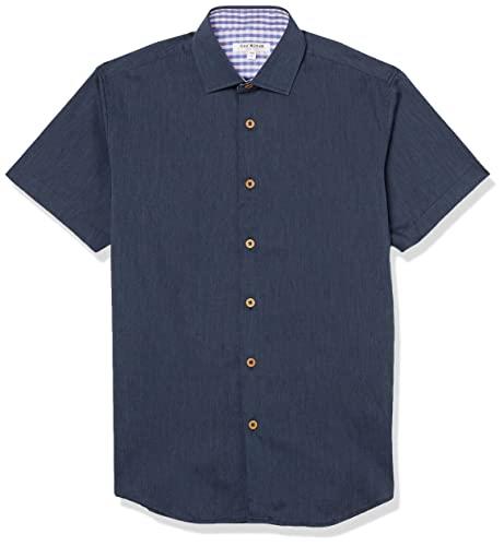 Isaac Mizrahi Boy's Short Sleeve Solid Button Down Shirt, Navy, Large