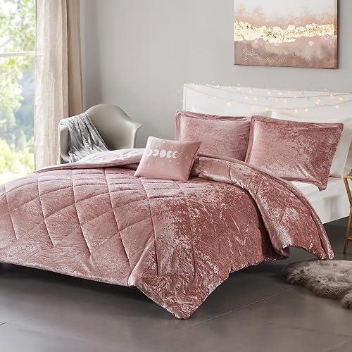 Intelligent Design Felicia Luxe Comforter Velvet Lush Double Sided Diamond Quilting, Modern All Season Bedding Set with Matching Sham, Decorative Pillow, Full/Queen(90"x90"), Blush 4 Piece