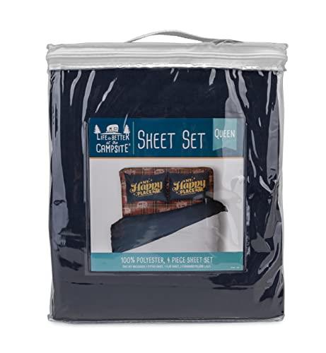 Camco Life is Better at The Campsite Bed Sheet Set | for RV Short Queen-Size Beds | Made Entirely of Polyester & Machine Washable | Features a Red Plaid My Happy Place Vintage-Inspired Look (53119)