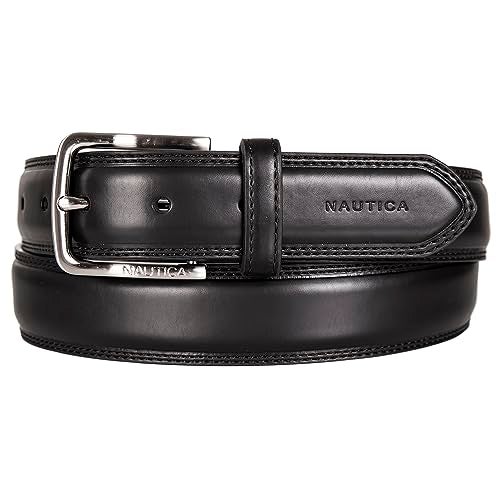 Nautica Mens Bold Fashion and Dress Leather Belt With Metal Buckle, Logo Inlay Double Stitch - Black, 42