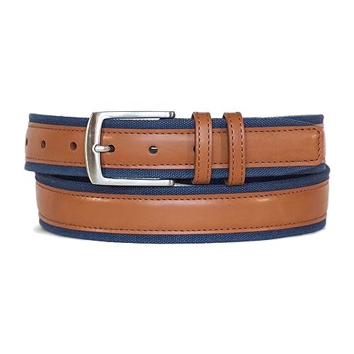 Nautica Mens Bold Fashion and Dress Leather Belt With Metal Buckle, Signature Canvas - Cognac, 44