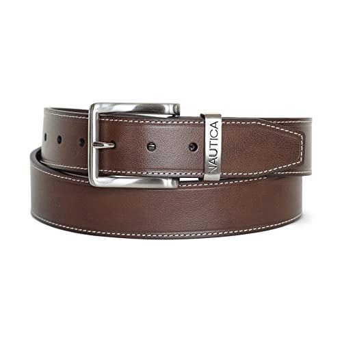 Nautica Men's Casual and Dress Leather Belt with Metal Buckle, Engraved Keeper - Brown, 86