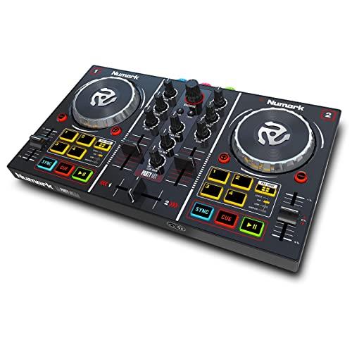 Numark Party Mix | Two-Channel Plug-and-Play DJ Controller for Serato DJ Lite with a Built-In Audio Interface with Headphone Cueing, Pad Performance Controls, Crossfader, Jogwheels and Light Display