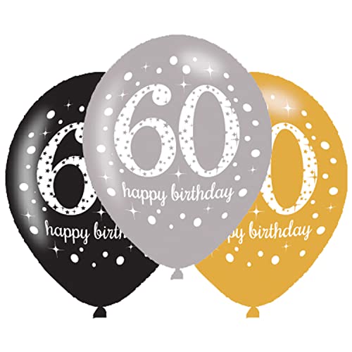 Amscan Gold Sparkling Celebration 60th Happy Birthday Latex Balloon, 30 cm Diameter 6 Pieces