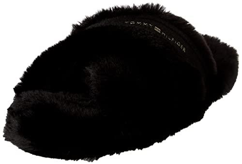 Tommy Hilfiger Women's Faux Fur Logo Strap Home Slipper, Black, EU 37-38/US 6.5-7.5