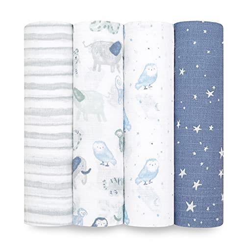 aden + anais Essentials Dream Swaddle Blanket - Pack of 4 | Large 100% Breathable Muslin Cotton Swaddle Wrap Set for Baby Girls & Boys | Twinkly Night Stars & Owl| Newborn & Infant Sleep Essentials