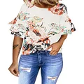 luvamia Women's Casual 3/4 Tiered Bell Sleeve Crewneck Loose Tops Blouses Shirt, A2 Floral Pirnt Brilliant White, X-Large