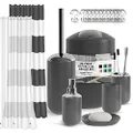 Complete Bathroom Accessories Set with Shower Curtain Set, Soap Dispenser, soap Dish, Toothbrush Holder with Cup, Shower Curtain Set with Liner and Hooks, Toilet Bowl Brush and Holder, Trash can, Gray