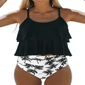 Beachsissi Tankini Bathing Suit Stripe Print High Waisted Tummy Control 2 Piece Swimsuit, Black/White, Medium