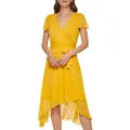 DKNY Women's Short Sleeve Asymmetrical Hem Faux Wrap Dress, Golden, 10, Golden, 10