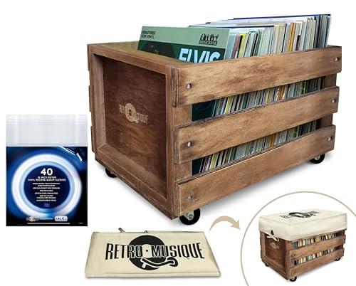 Retro musique Wooden 12” LP Vinyl Record Storage Crate on Wheels Holds up to 100 Albums (in PVC Sleeves) with Hessian Cloth Cover Includes 50 Vinyl Record Outer Sleeves (Oak Finish)