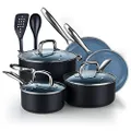 Cook N Home Pots and Pans Nonstick Ceramic Kitchen Cookware Sets Include Saucepan, Frying Pans, Stockpot with Lids, Nylon Utensils, 10-Piece, Heavy Gauge, Black & Gray