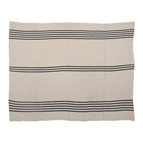 Creative Co-Op Coastal Black and White Stripe Woven Cotton Double Cloth Stitched Blanket and Frayed Edges Throw, Cream & Black