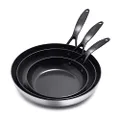 GreenPan Venice Pro Noir Tri-Ply Stainless Steel Healthy Ceramic Nonstick 8" 10" and 12" Frying Pan Skillet Set, Matte Black Handle, PFAS-Free, Multi Clad, Induction, Dishwasher Safe Oven Safe, Silver