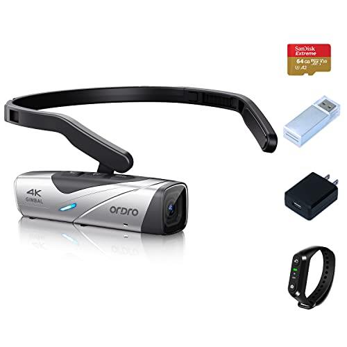 ORDRO EP8 Combo 4K Head-Mounted Video Camera, Ultra HD 4K 60FPS Camcorder Vlog Hands Free Wearable Camera, 2-Axis Gimbal Video Stabilizer, Auto Focus,Remote Control,64G Micro SD Card