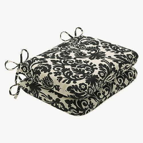 Pillow Perfect Indoor/Outdoor Black/Beige Damask Seat Cushion, Squared, 2-Pack, 100-Percent Polyester, Black/Beige, Rounded