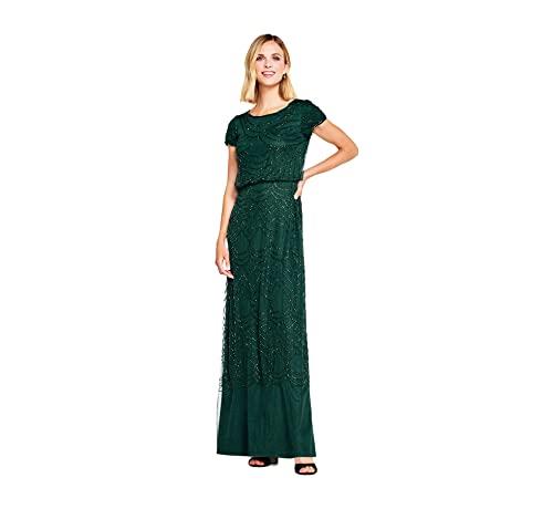 Adrianna Papell Women's Short Sleeve Blouson Beaded Gown, Dusty Emerald, 6