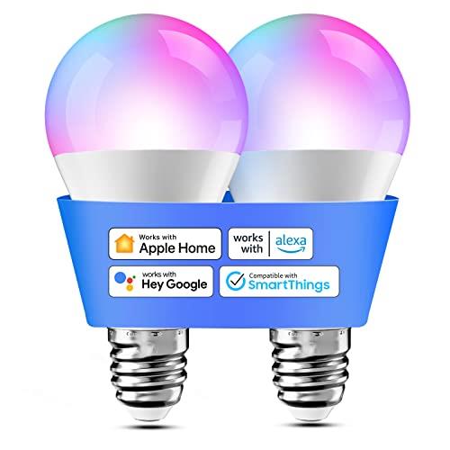 Smart Light Bulb Set of 2 LED Bulbs Compatible with HomeKit, Siri, Alexa, Google Home and SmartThings, E27 RGBWW Wi-Fi Bulb, Dimmable, Multicoloured, with Voice Control and Remote Control