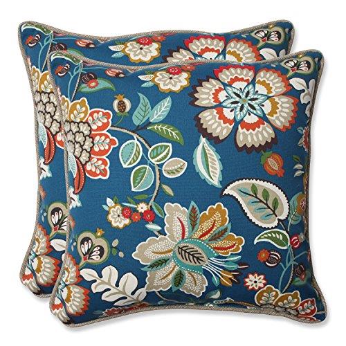 Pillow Perfect Floral Indoor/Outdoor Accent Throw Pillow, Plush Fill, Weather, and Fade Resistant, Large Throw - 18.5" x 18.5", Blue/Tan Telfair, 2 Count