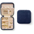 Benevolence LA Plush Velvet Travel Jewelry Storage Box | Travel Jewelry Case Small Jewelry Box for Women | Jewelry Travel Organizer | Earring Organizer with Mirror - Navy Blue