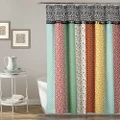 Lush Decor Boho Patch Shower Curtain-Fabric Bohemian Colorful Print Vertical Stripe Design with Tassels, 72" x 72", Multicolor, 70" x 72", Orange/Navy