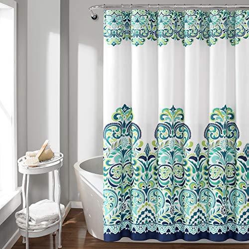 Lush Decor, Blue and Green Clara Shower Curtain-Fabric Colorful Boho Paisley Damask Print Design, x 72