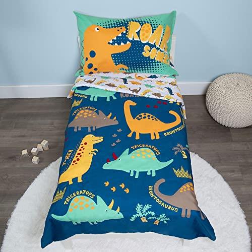 Funhouse 4 Piece Toddler Bedding Set - Includes Quilted Comforter, Fitted Sheet, Top Sheet, and Pillow Case - Dinosaur Roar Design for Boys Bed