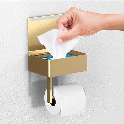Day Moon Designs Toilet Paper Holder with Shelf - Flushable Wipes Dispenser & Storage Fits Any Bathroom, Keep Your Wet Wipes Hidden - Stainless Steel Wall Mount Bathroom Organizer - Gold, Small