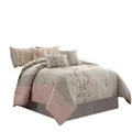 Chezmoi Collection Linnea 7-Piece Luxury Blush Taupe Cherry Blossom Floral Embroidery Comforter Set, California King