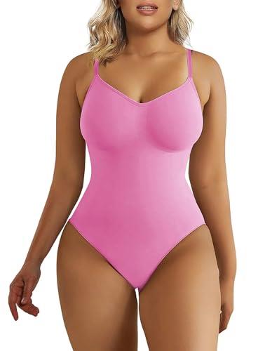 SHAPERX Bodysuit for Women Tummy Control Shapewear Seamless Sculpting Thong Body Shaper Tank Top, AU-SZ5215-Pink-S/M