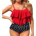 Holipick Tankini Swimsuits for Women Two Piece Bathing Suits Ruffle Tops with High Waisted Bottoms Bikini Sets for Teen Girls, Red Black Dot, Large
