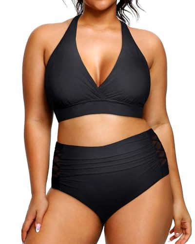 Yonique Womens Two Piece Plus Size Halter Bikini Swimsuits Tummy Control Bathing Suits High Waisted Swimwear, Black 01, 20 Plus